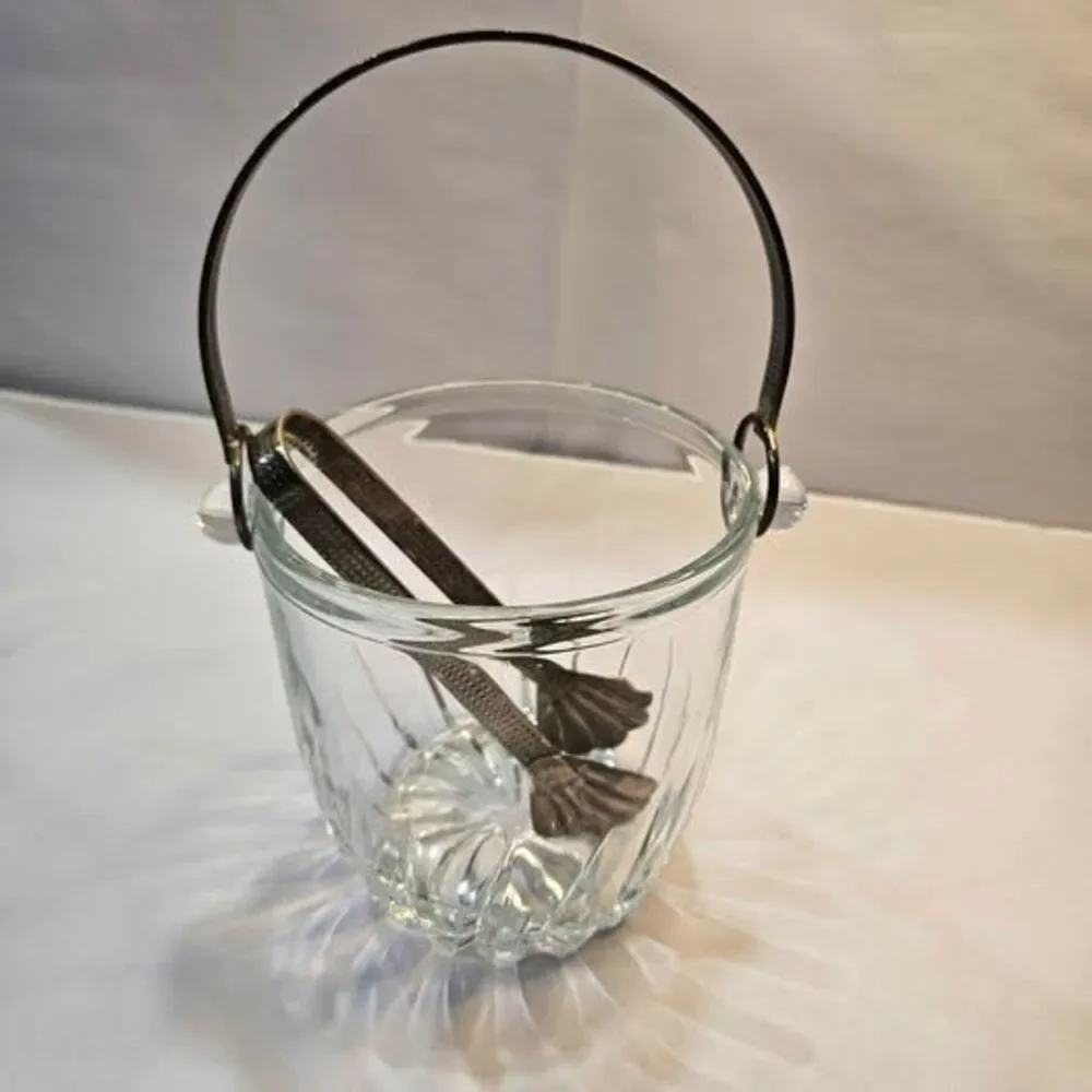 Vintage Glass Ice Bucket with Shell Tongs